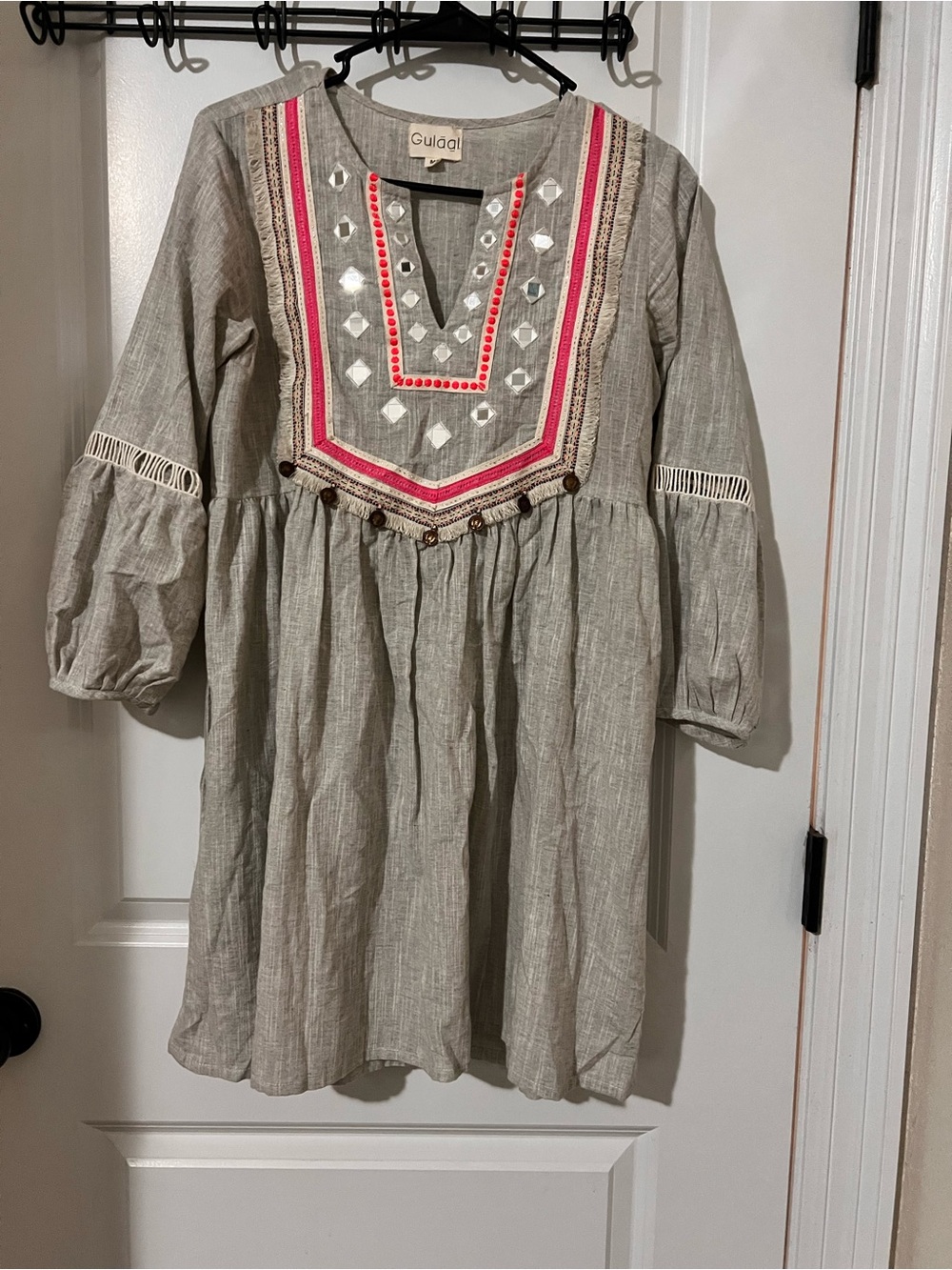 Gulaal  Embroidered Boho Dress with Pink Accents